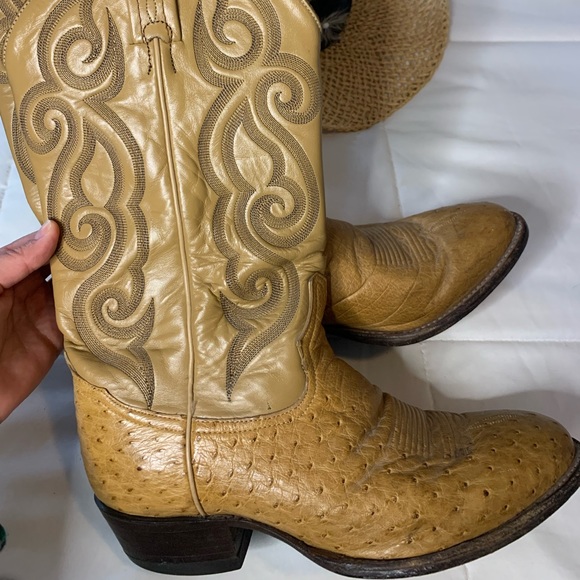 Tony Lama Men's Tan Smooth Ostrich Round Toe Exotic Western Boots in GUC - Picture 2 of 8